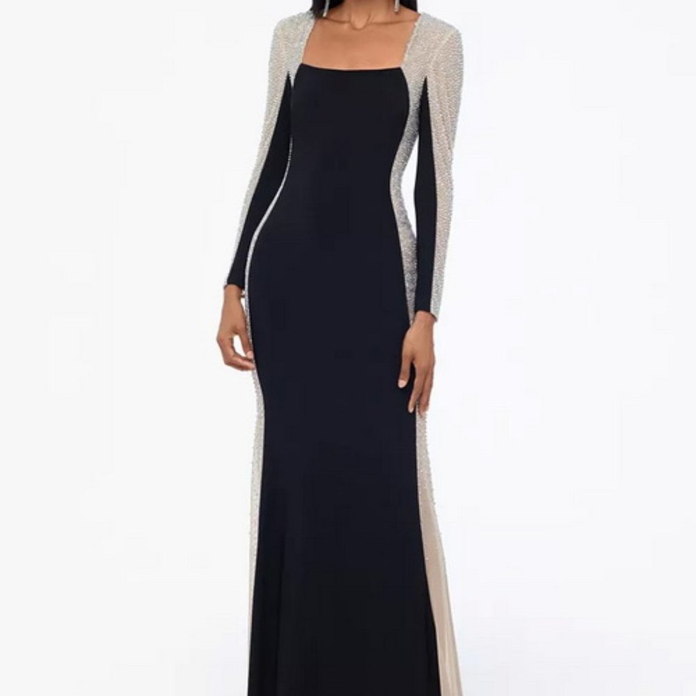 Xscape Black Nude Silver Crystal Beaded Long Sleeve Gown